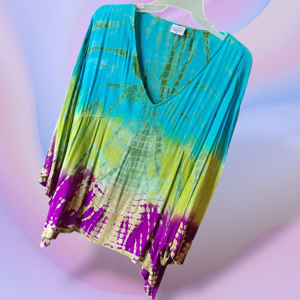 GREATER GOOD Plus Size Boho Crinkle Fair Trade Peacock Tie-dye Hippie Tunic